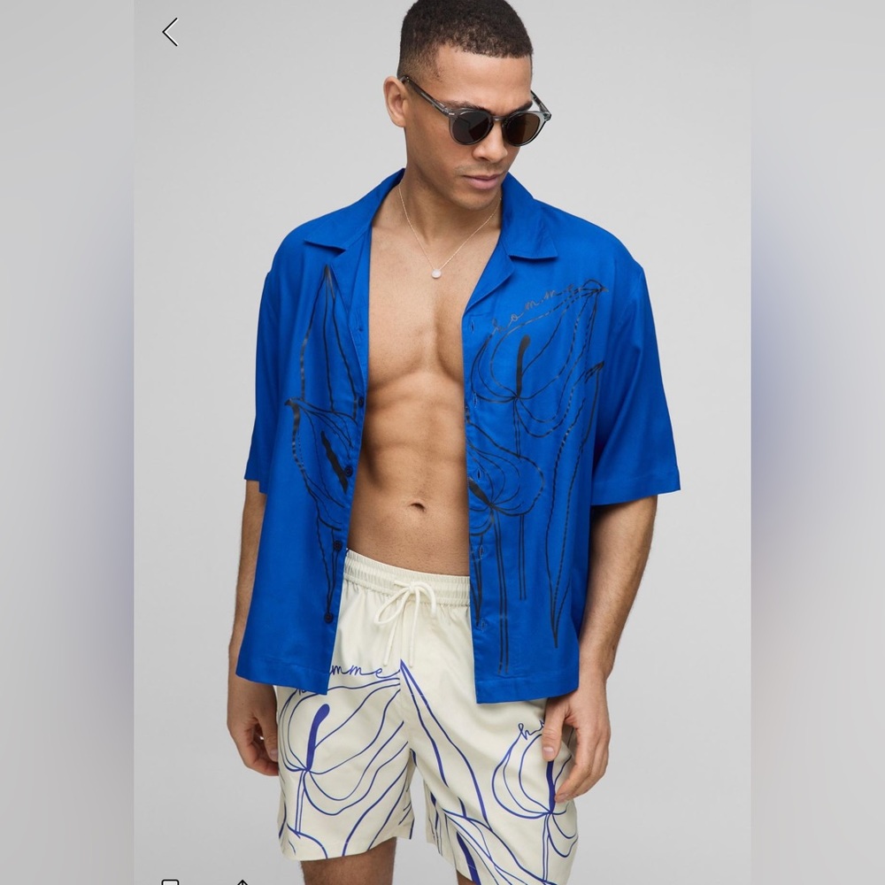BoohooMEN Blue Graphic Button-Up Shirt and Short Swim Set
